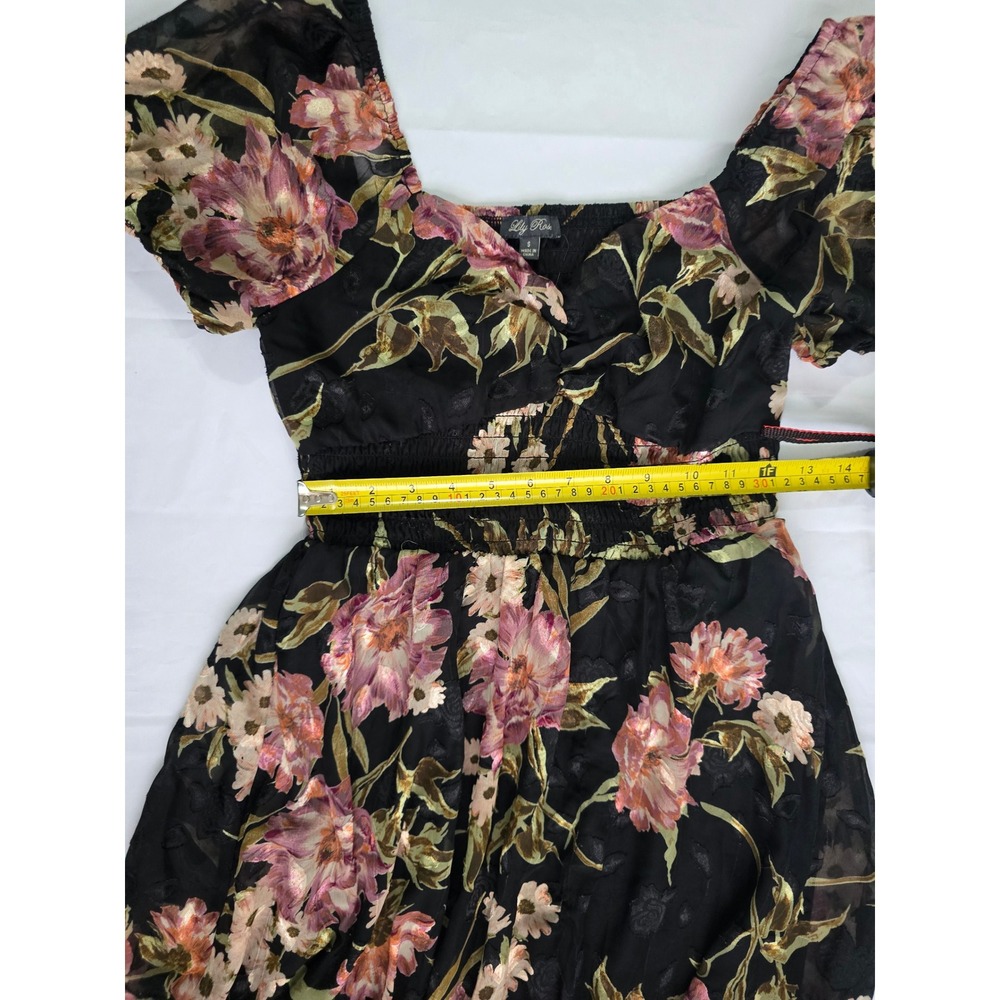 Lily Rose Floral Puff Sleeve Smocked Mini Dress Black Mauve Size Small - Picture 10 of 16